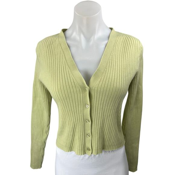 Reformation Green Rib Knit V-Neck Button Long Sleeve Crop Cardigan Sweater Top M - Picture 1 of 4